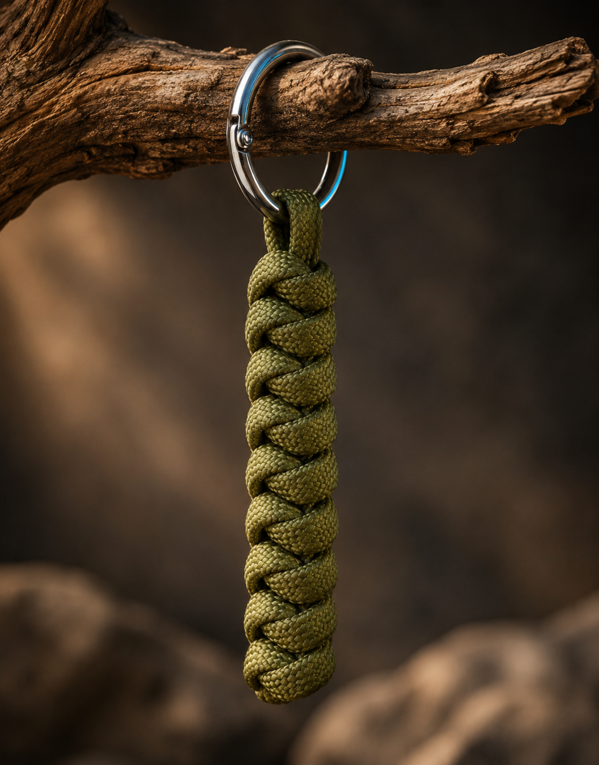 Lahar olive spiral paracord keychain hanging from a tree branch