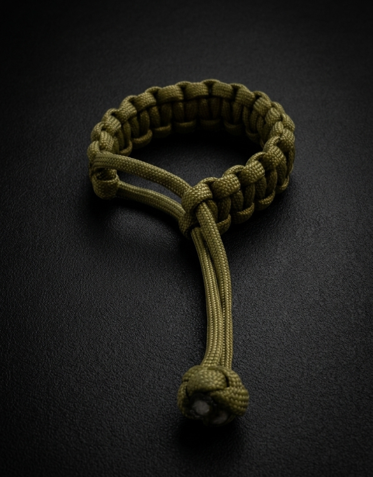 Olive green 550 paracord bracelet with sliding loop on a black background