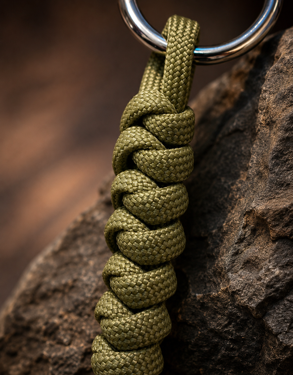 Close-up of the olive spiral weave on the Lahar paracord keychain