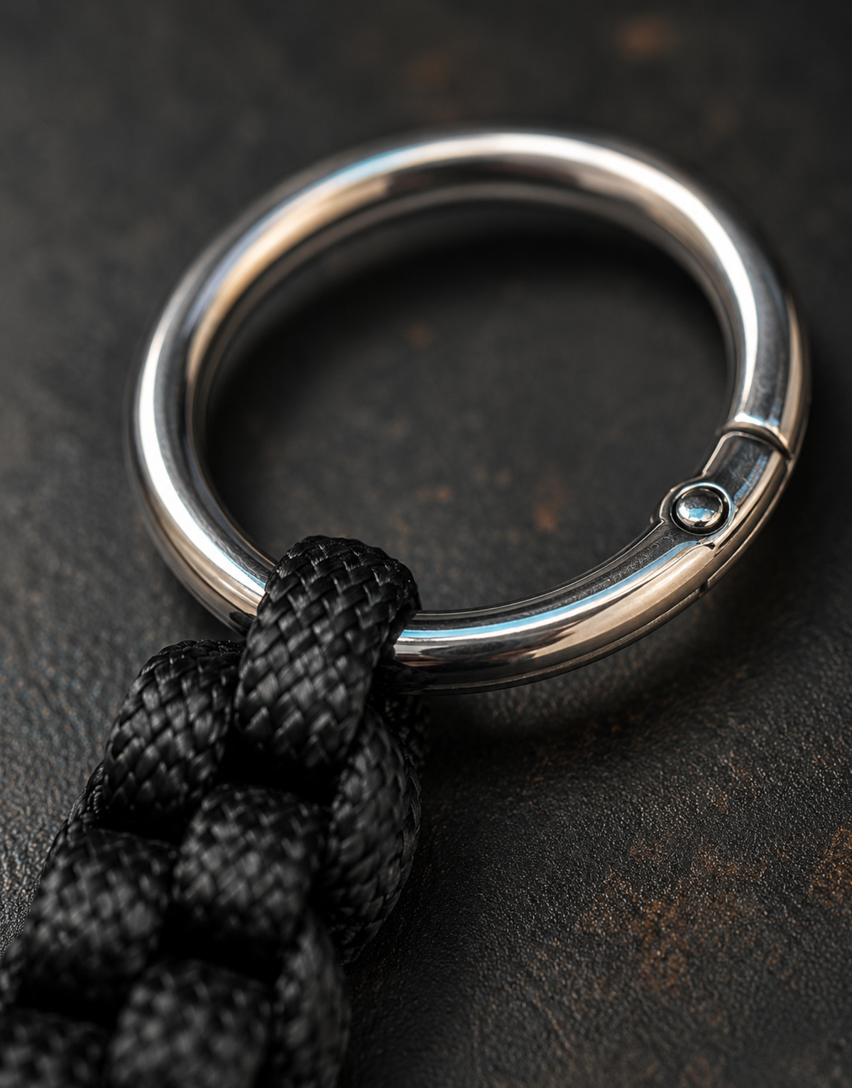 Stainless steel ring on the Saf black paracord keychain