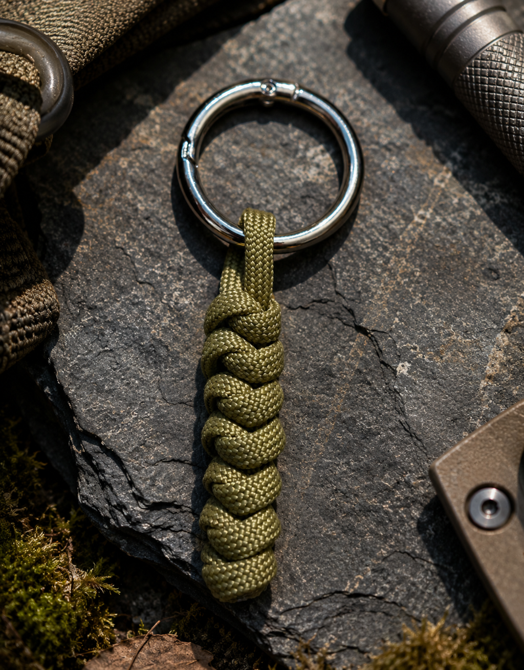 Lahar olive spiral paracord keychain on stone next to outdoor gear