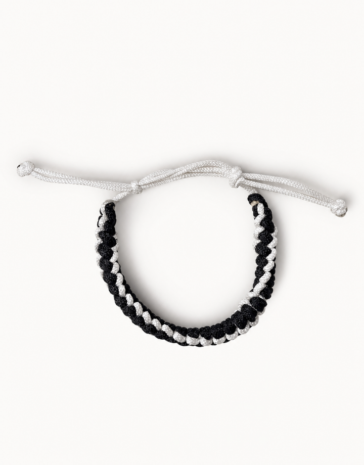 Shatranj black and white macrame bracelet, handmade by Giraa in Pakistan