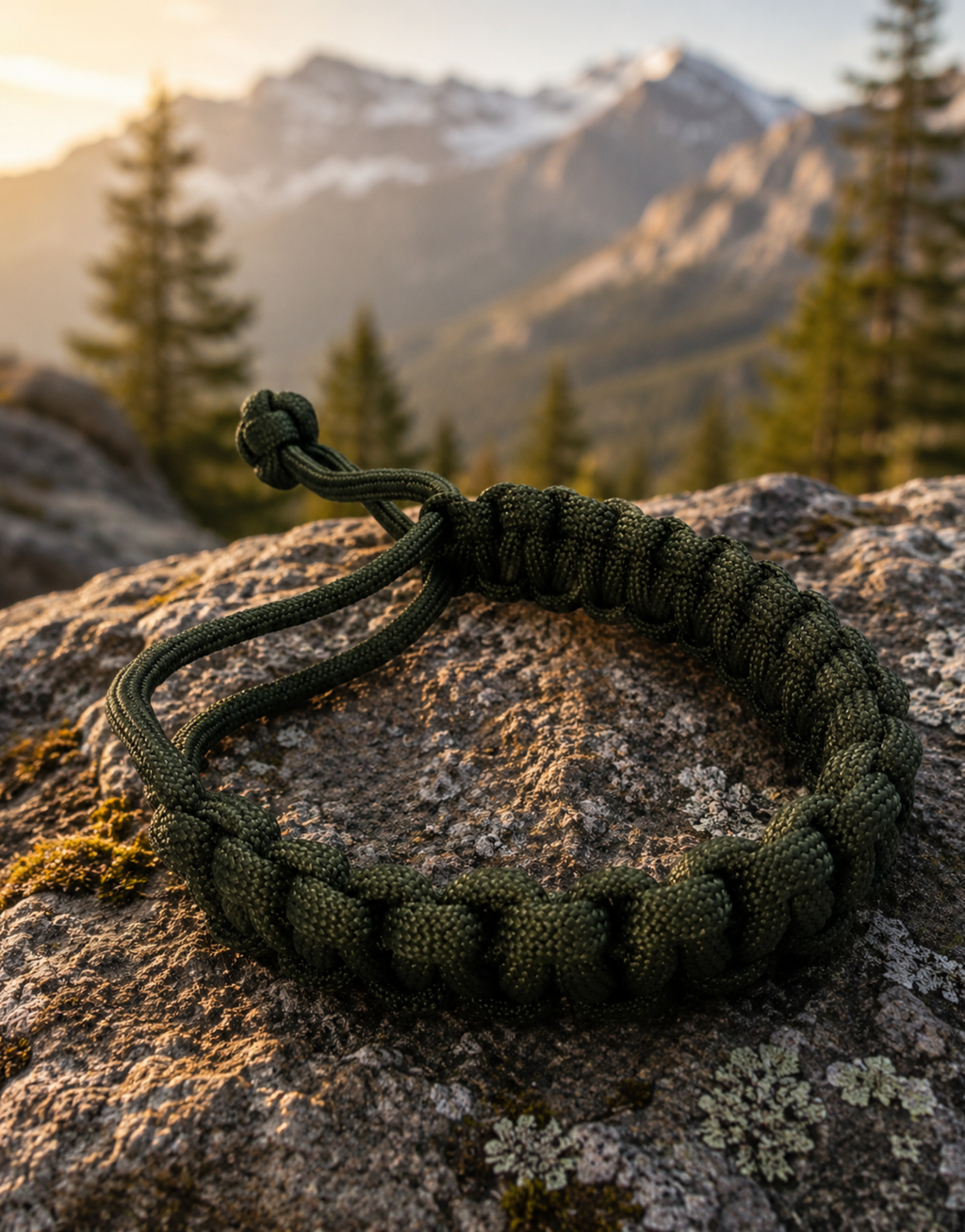 Akhdar dark green paracord bracelet on a rock with mountains behind