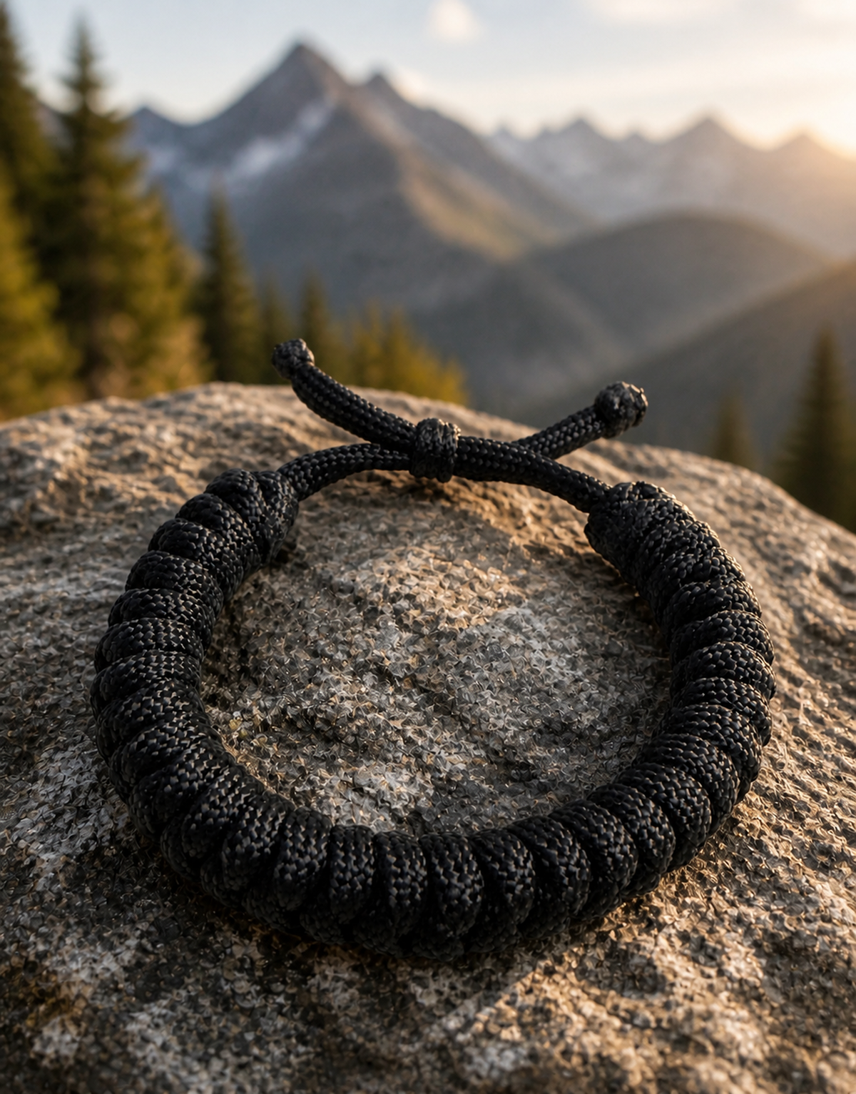 Su'ban black spiral paracord bracelet on a rock with mountains behind