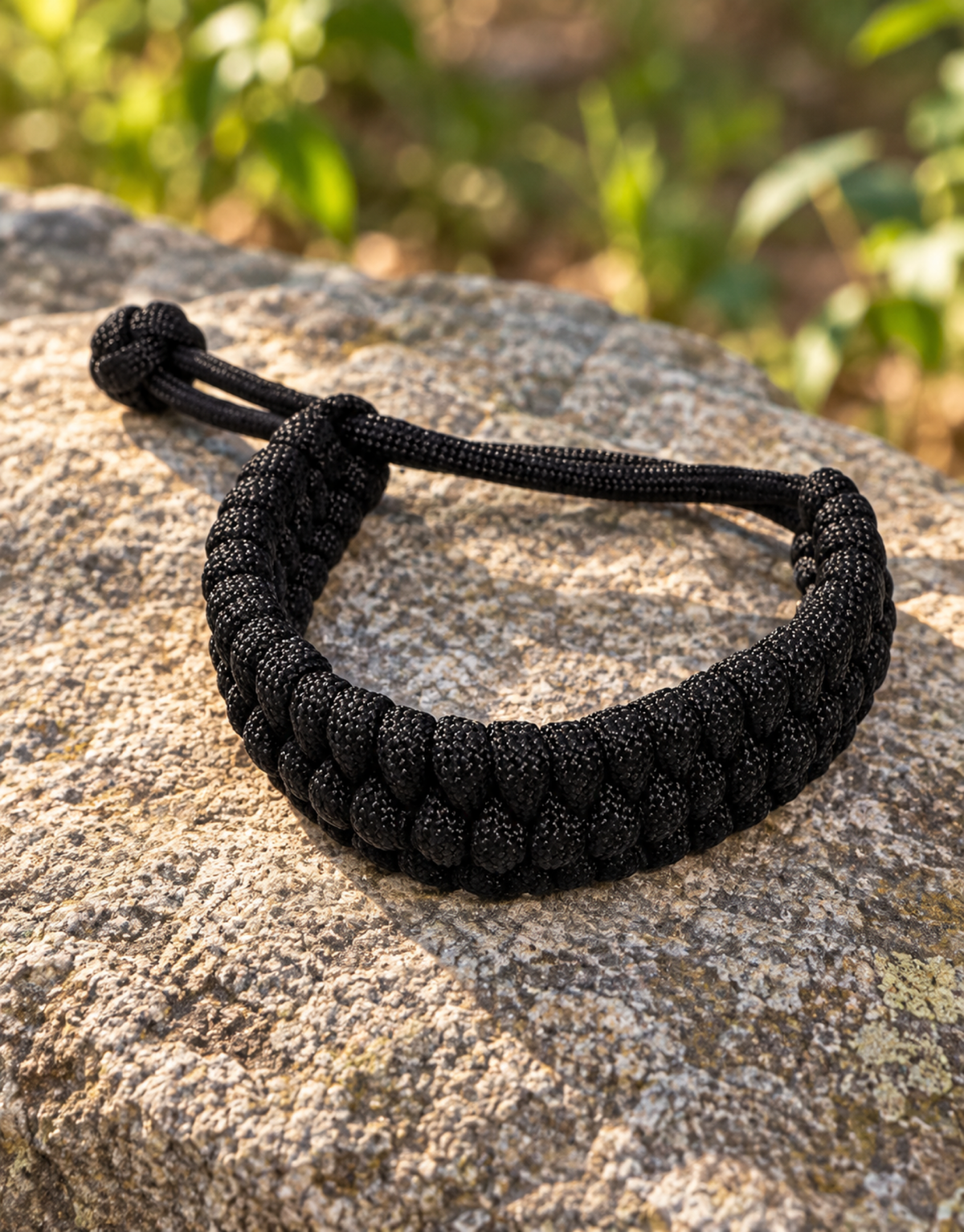 Musallas black paracord bracelet on natural rock
