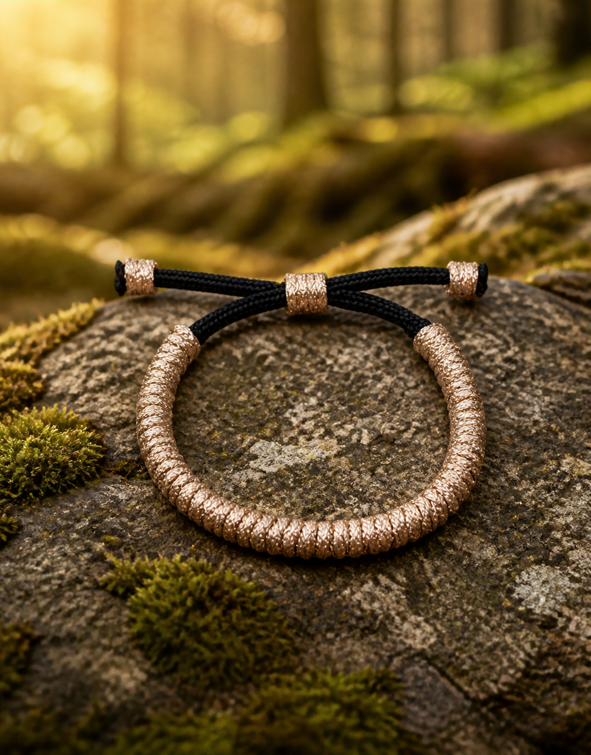 Kathib tan macrame bracelet on a mossy rock in a forest