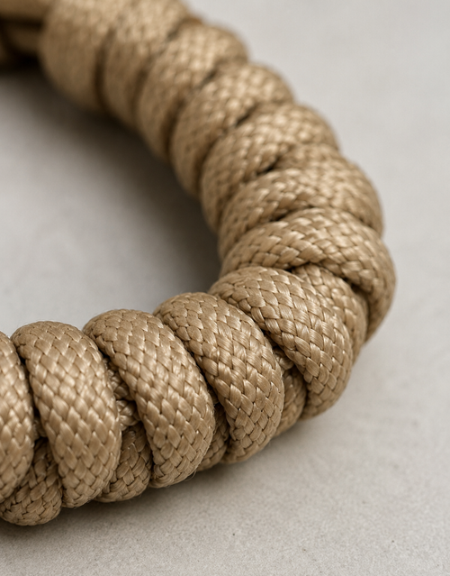 Close-up of the sand colour spiral weave on the Raml paracord bracelet