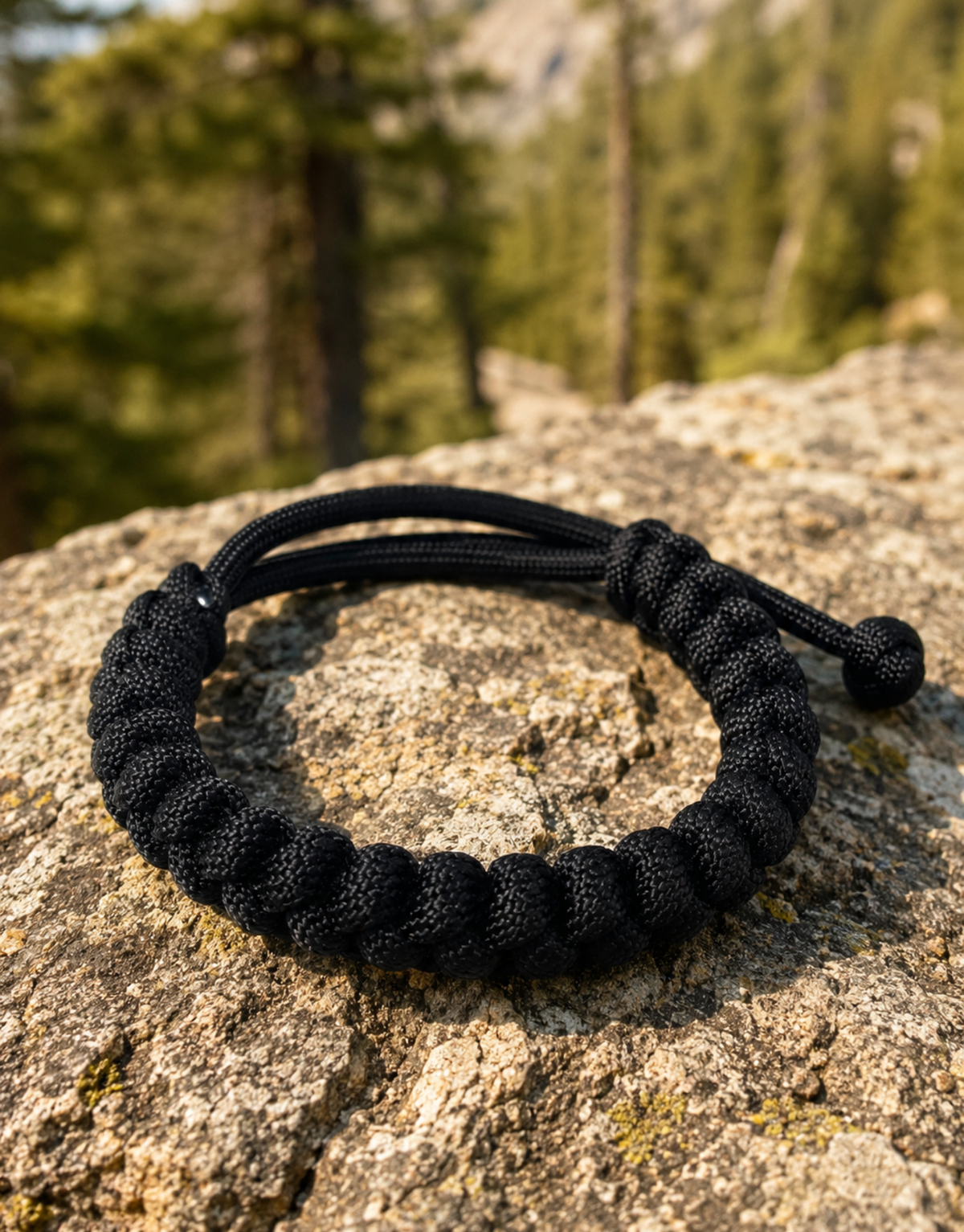Pech black spiral paracord bracelet on a rock in a forest