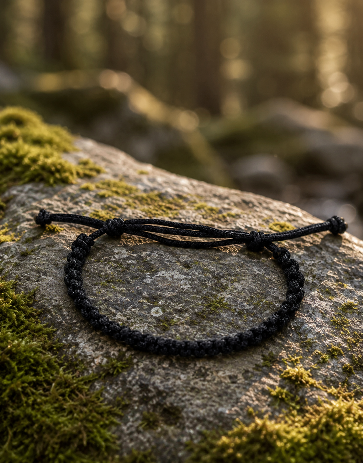 Khayt black macrame bracelet on a mossy rock