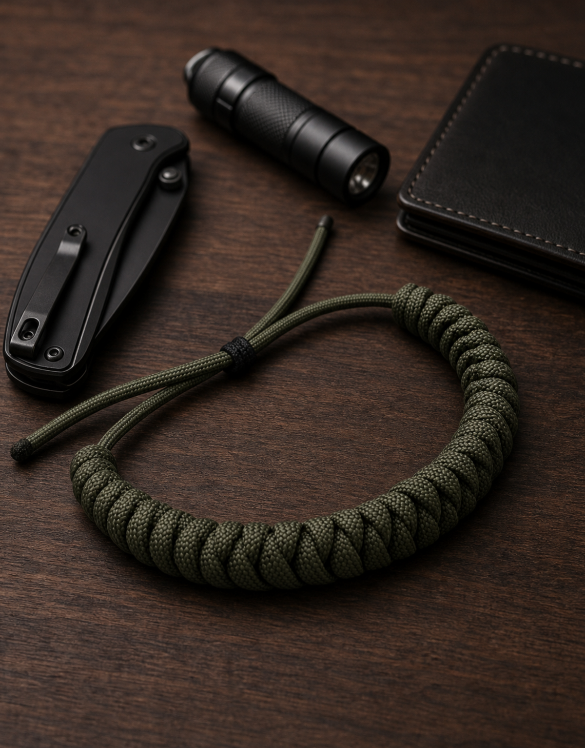 Ghaba green paracord bracelet with a knife, flashlight and wallet, everyday carry