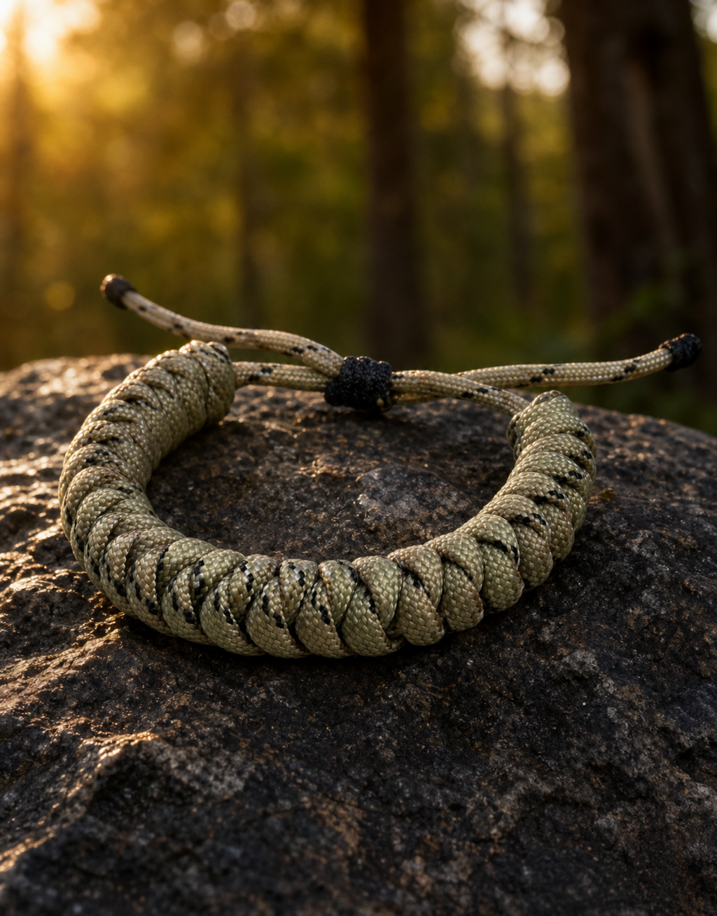 Ramad speckled paracord bracelet on a rock in a forest