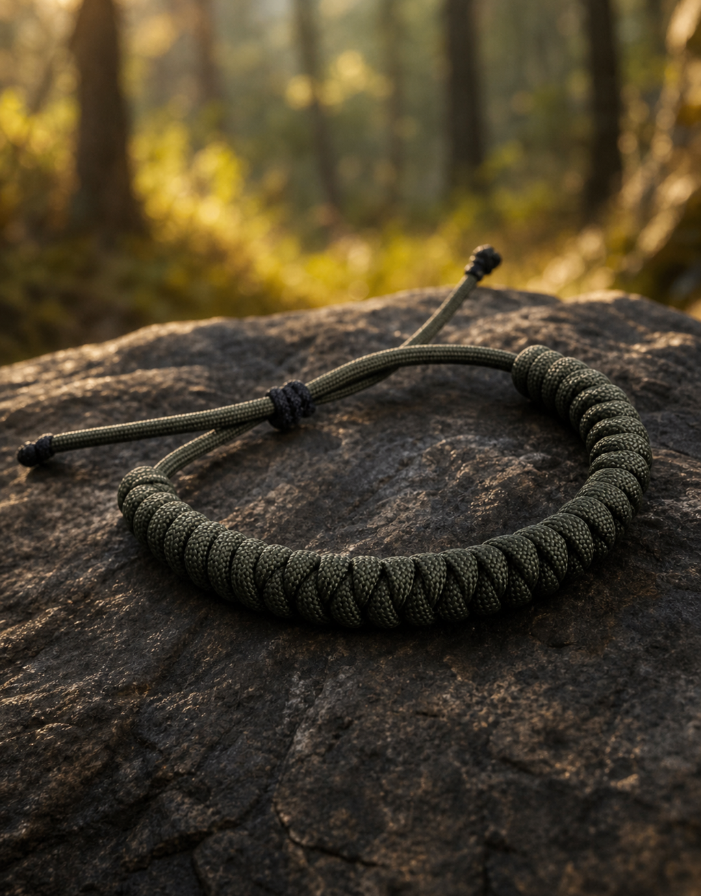 Ghaba dark green paracord bracelet on a rock in a forest