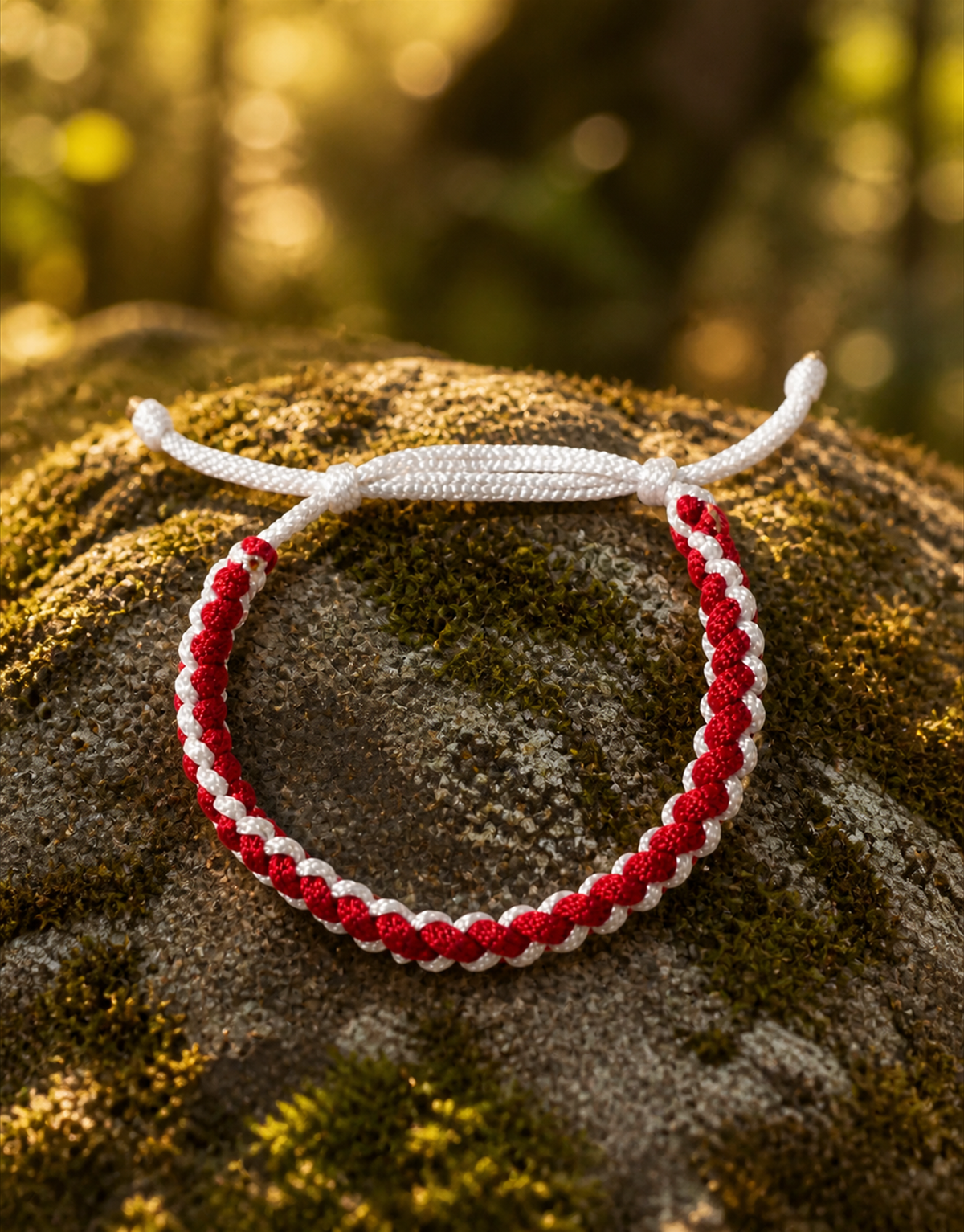 Anaar red and white macrame bracelet on a mossy rock