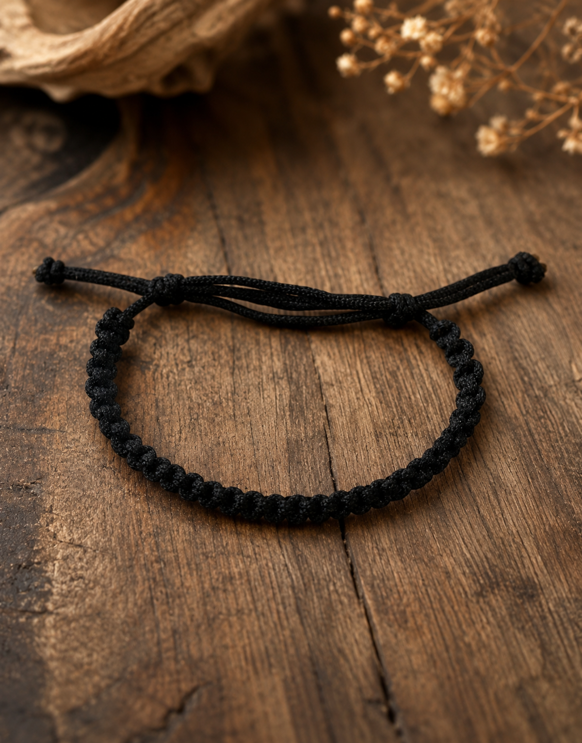 Khayt black macrame bracelet on a wooden surface