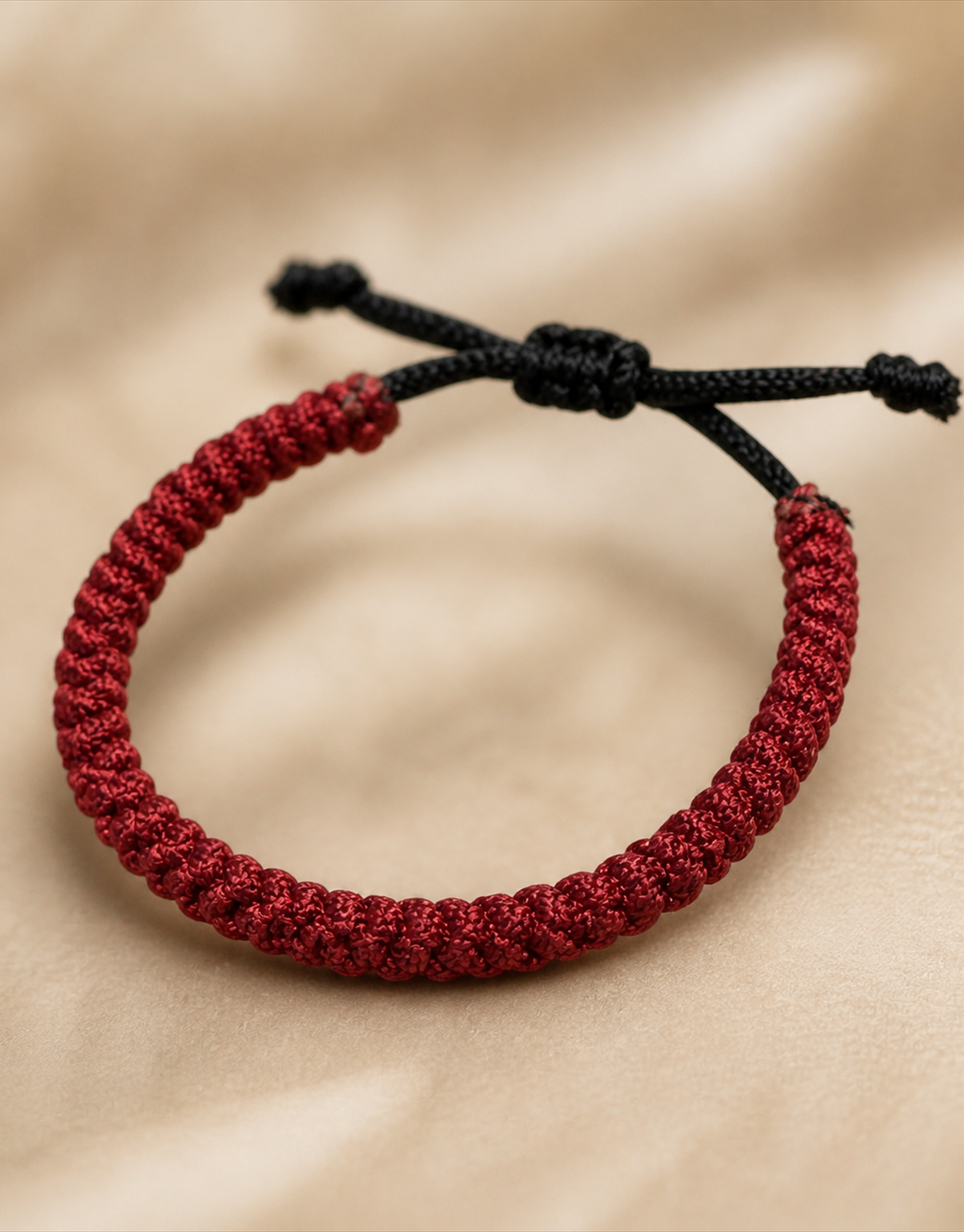 Close-up of the red macrame weave on the Jamr bracelet