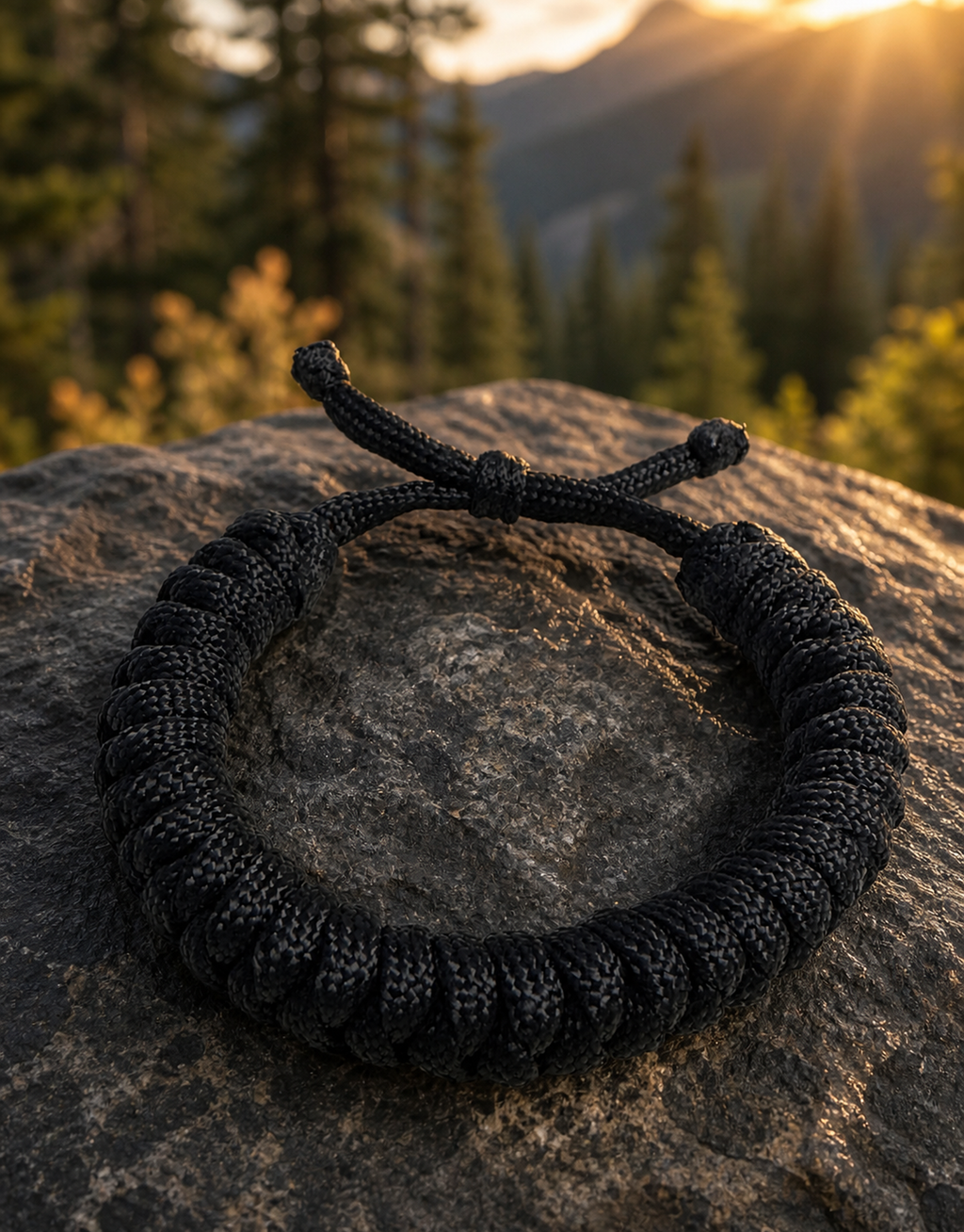 Su'ban black spiral paracord bracelet on a rock at sunrise