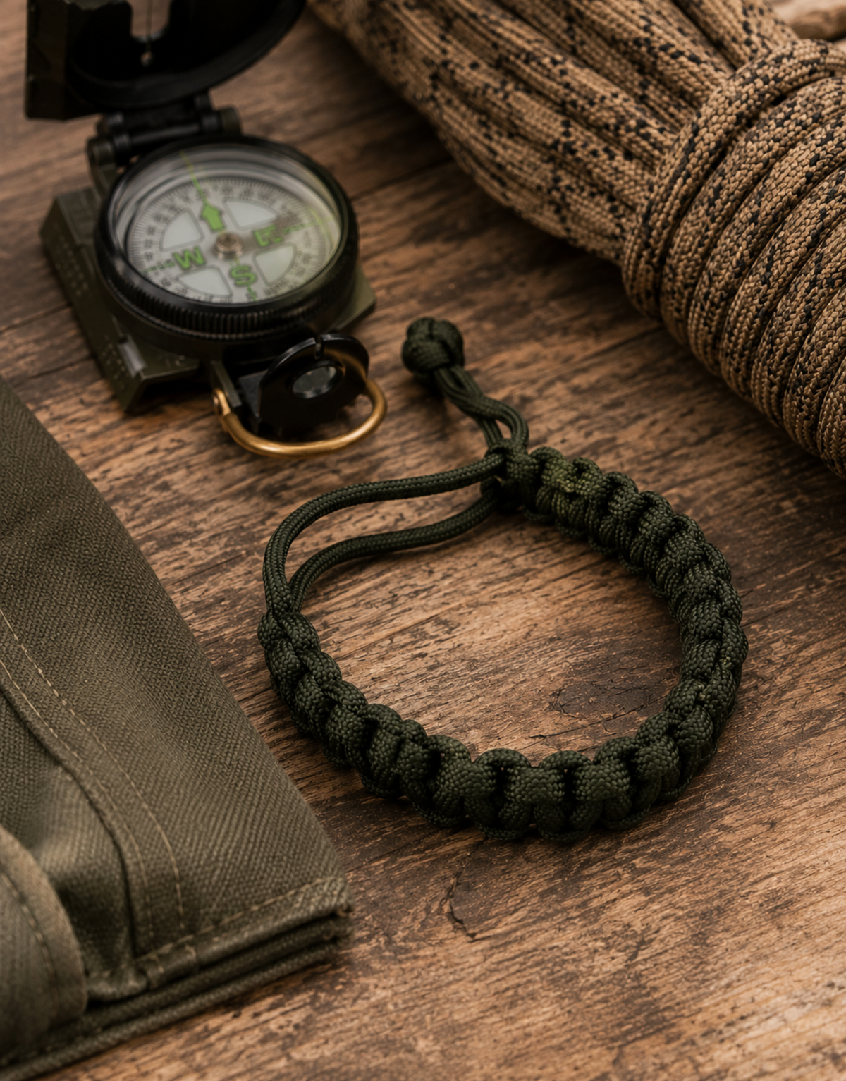 Akhdar green paracord bracelet with a compass and outdoor gear