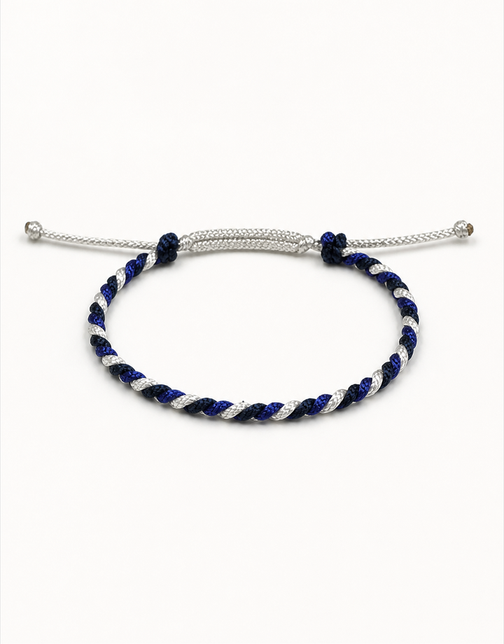 Sadeem blue, white and black twist macrame bracelet, handmade by Giraa in Pakistan