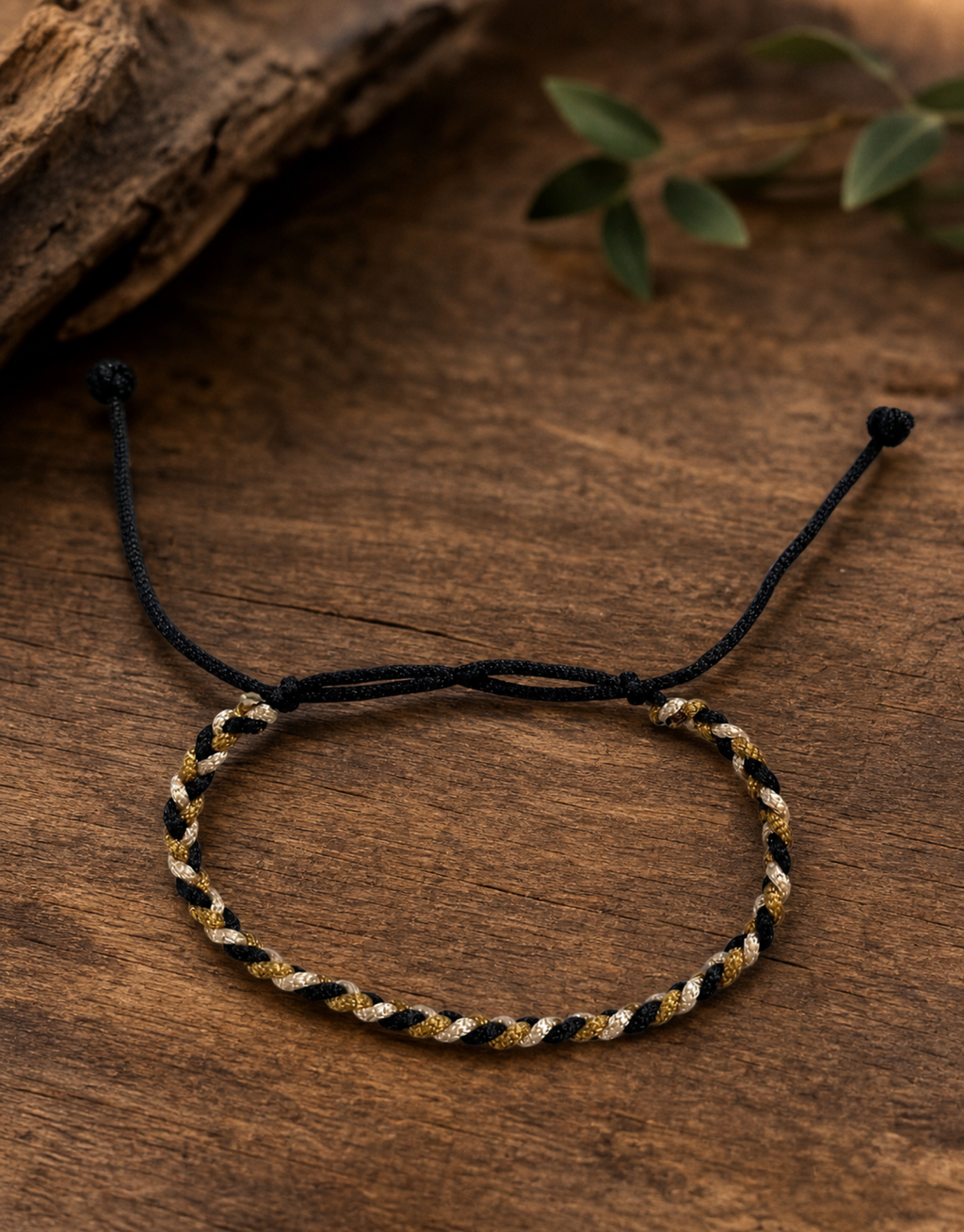 Zari macrame bracelet on dark wood