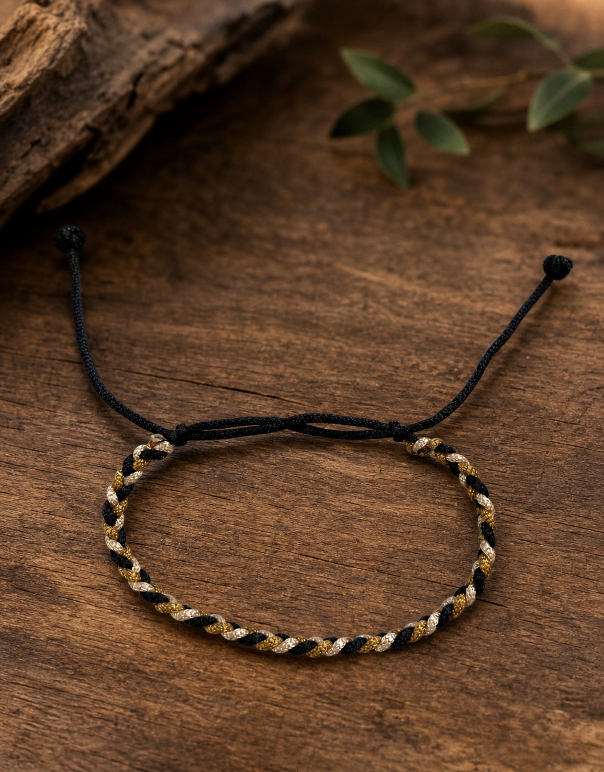 Zari macrame bracelet on dark wood