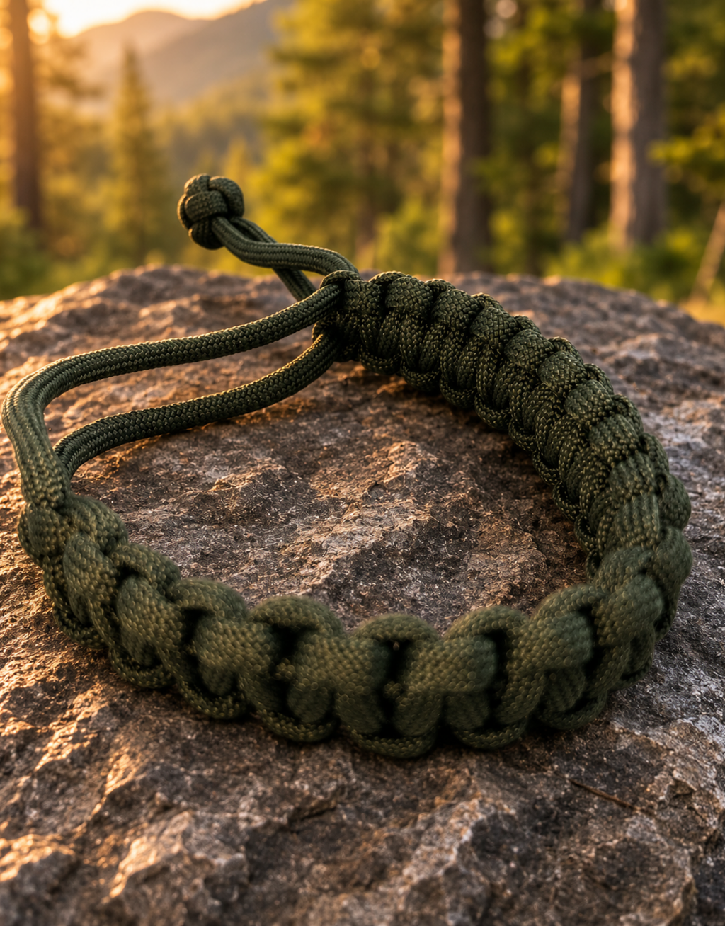 Akhdar dark green paracord bracelet on a rock in a pine forest