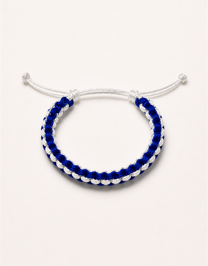 Samawi blue and white macrame bracelet, handmade by Giraa in Pakistan