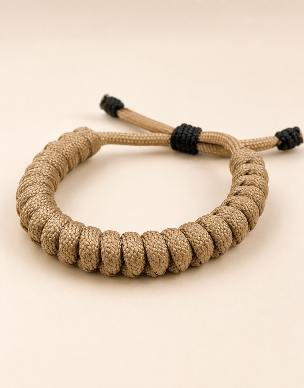 Raml sand spiral paracord bracelet on a cream background
