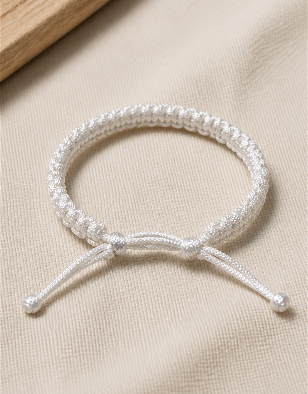Durr white cord bracelet on beige linen