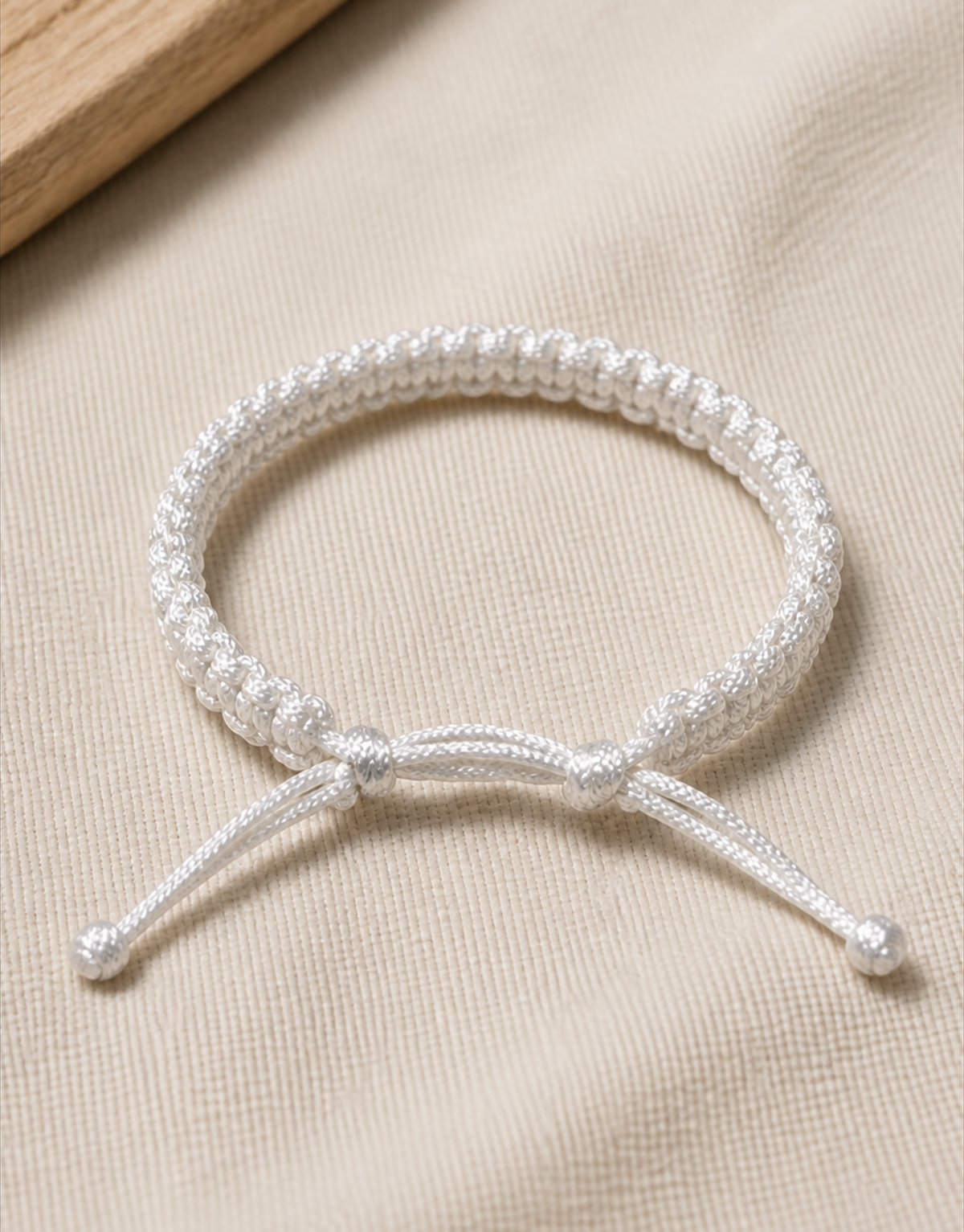 Durr white cord bracelet on beige linen