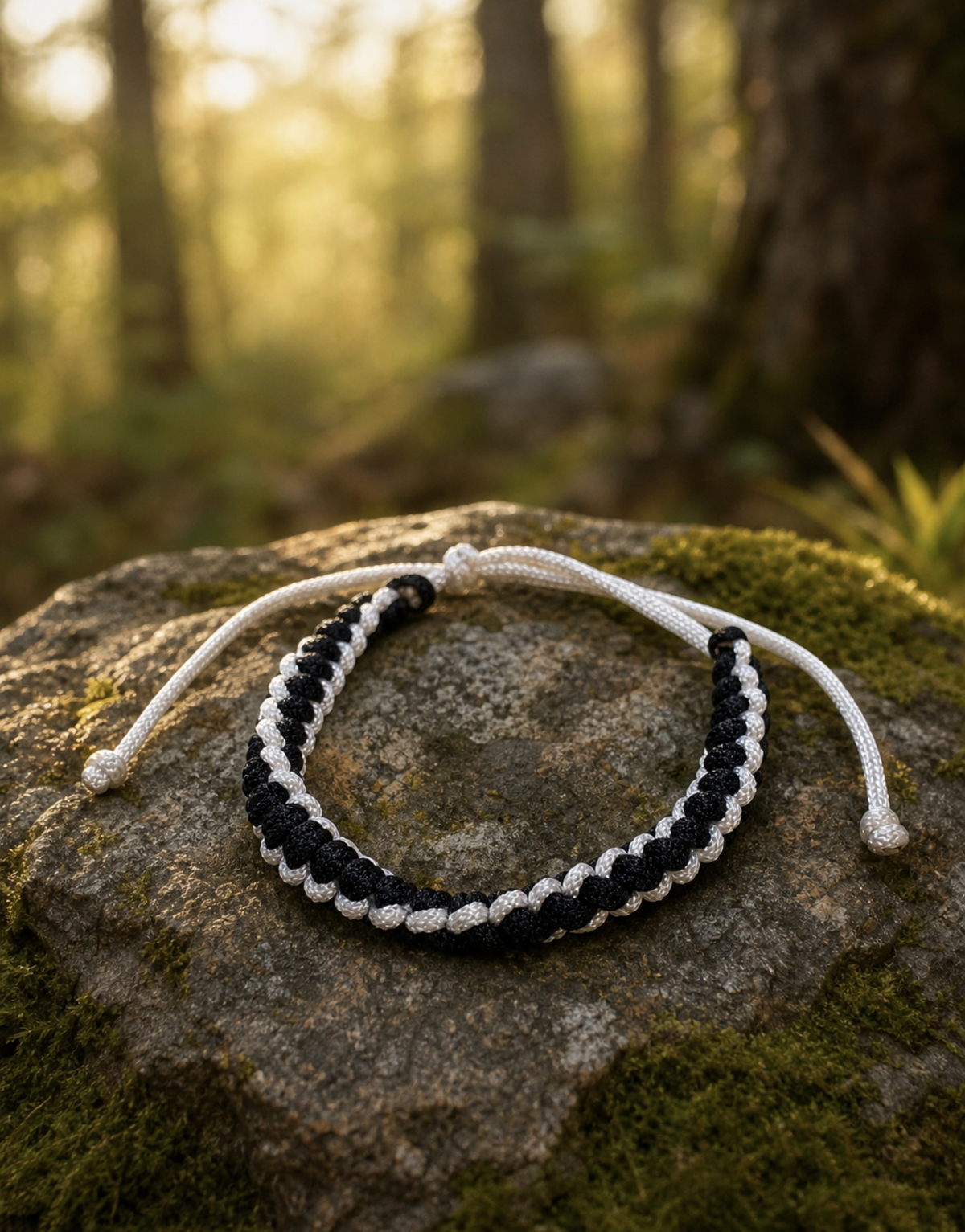 Shatranj black and white bracelet on a mossy rock in a forest