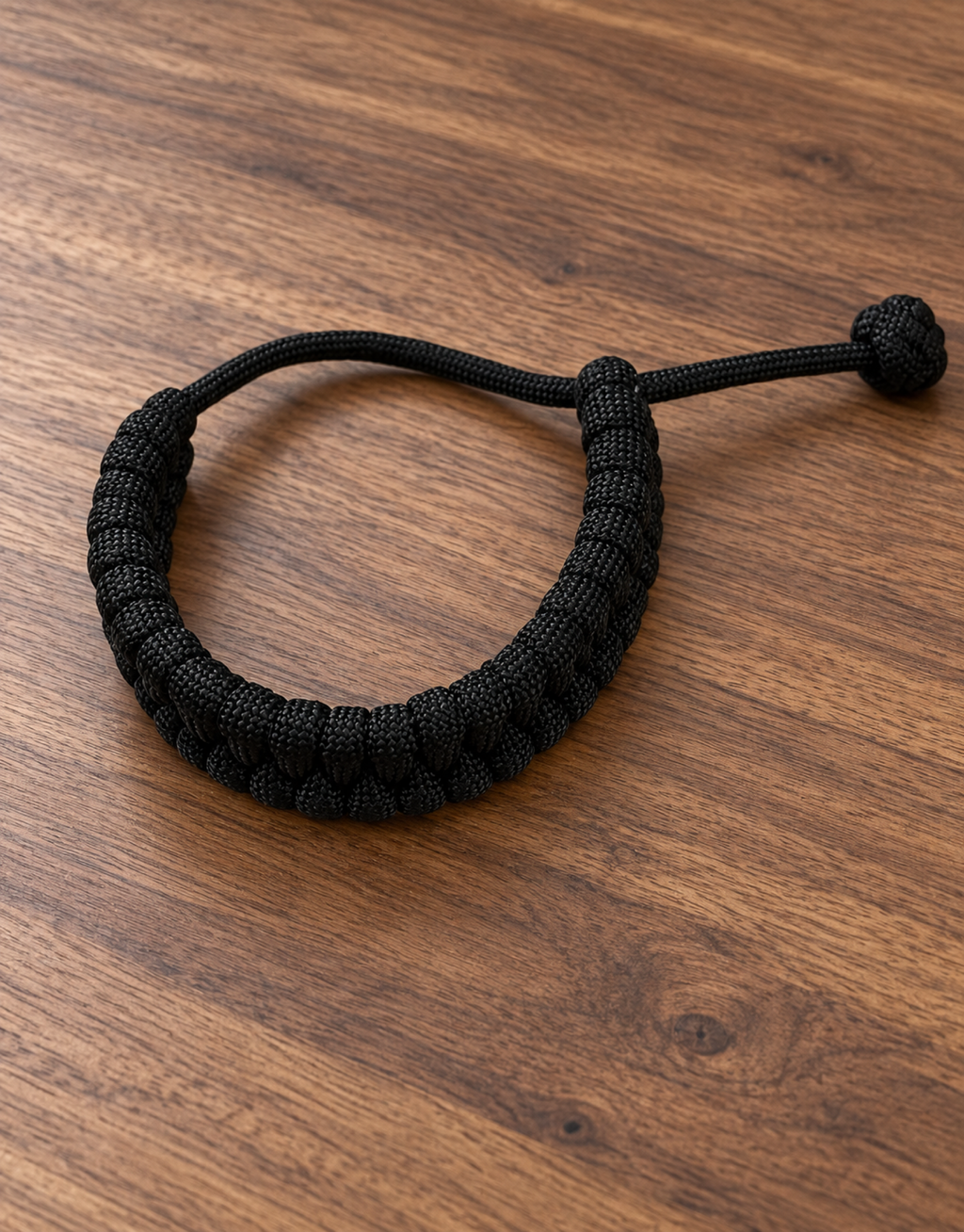 Juft black paracord bracelet on walnut desk