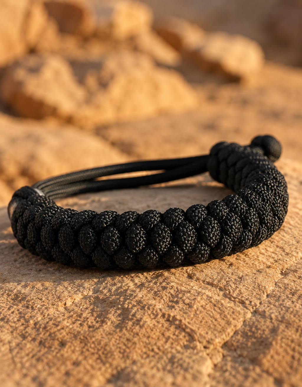 Pech black spiral paracord bracelet on sandstone