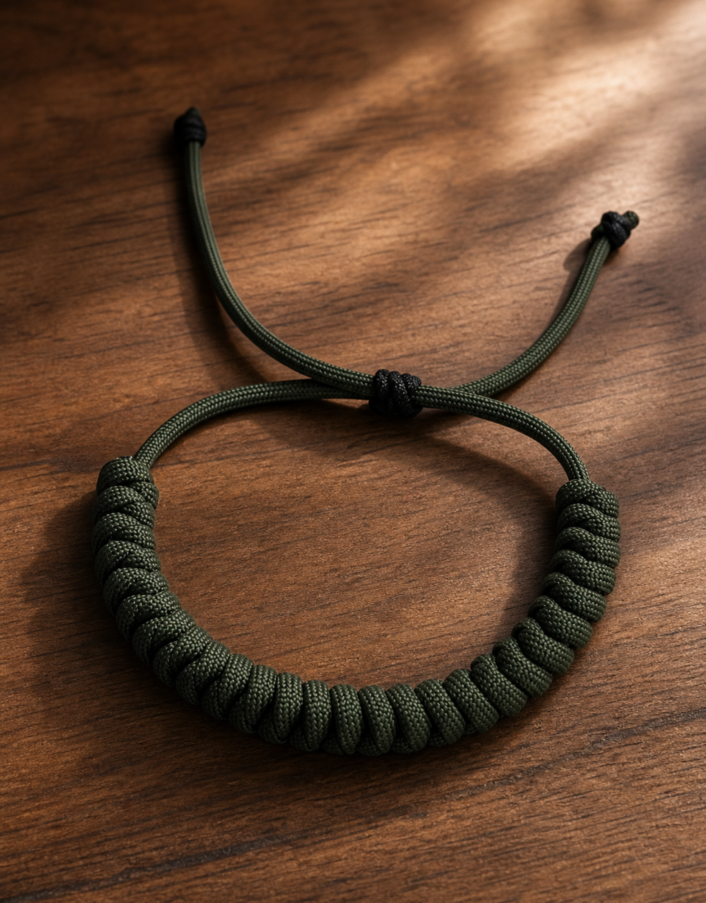 Ghaba forest green spiral paracord bracelet on a wooden table