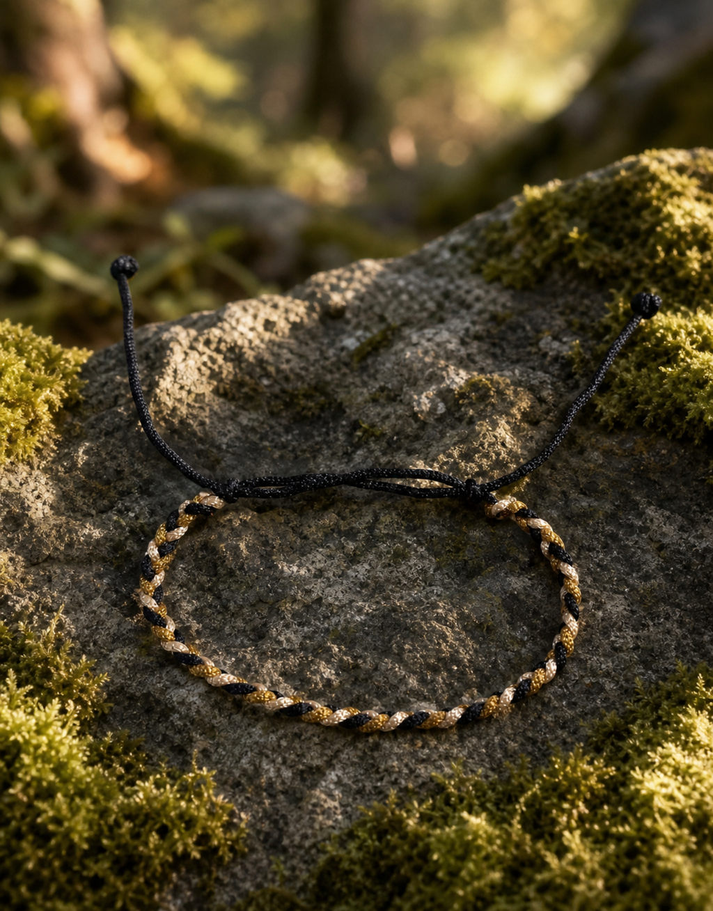 Zari macrame bracelet on a mossy rock outdoors