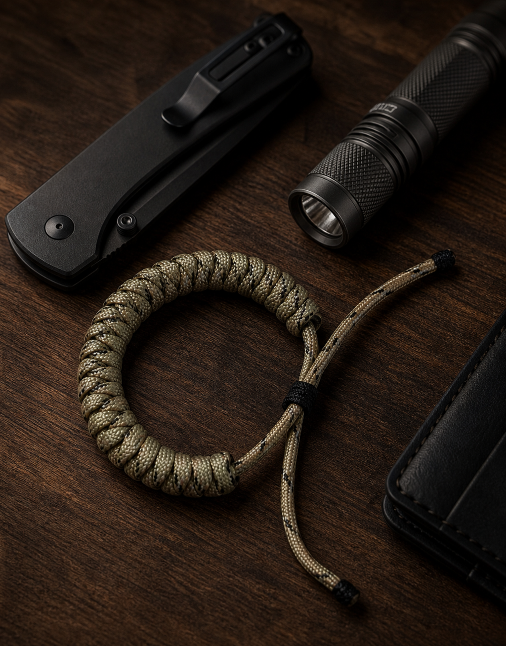 Ramad speckled paracord bracelet with a folding knife and flashlight, everyday carry