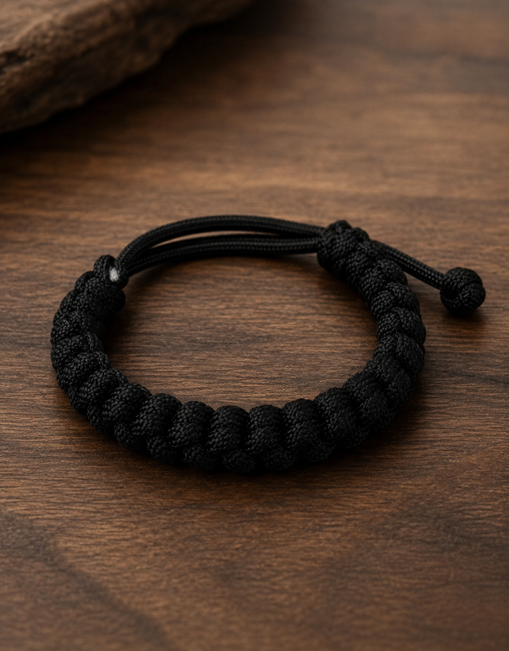Pech black spiral paracord bracelet on a wooden table