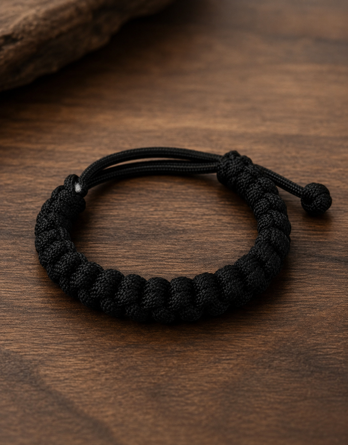 Pech black spiral paracord bracelet on a wooden table