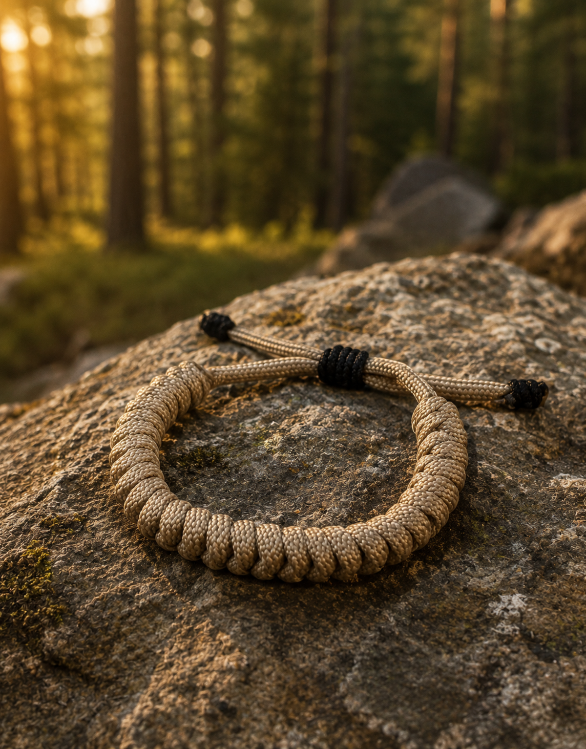 Raml tan paracord bracelet on a rock in a forest at sunset