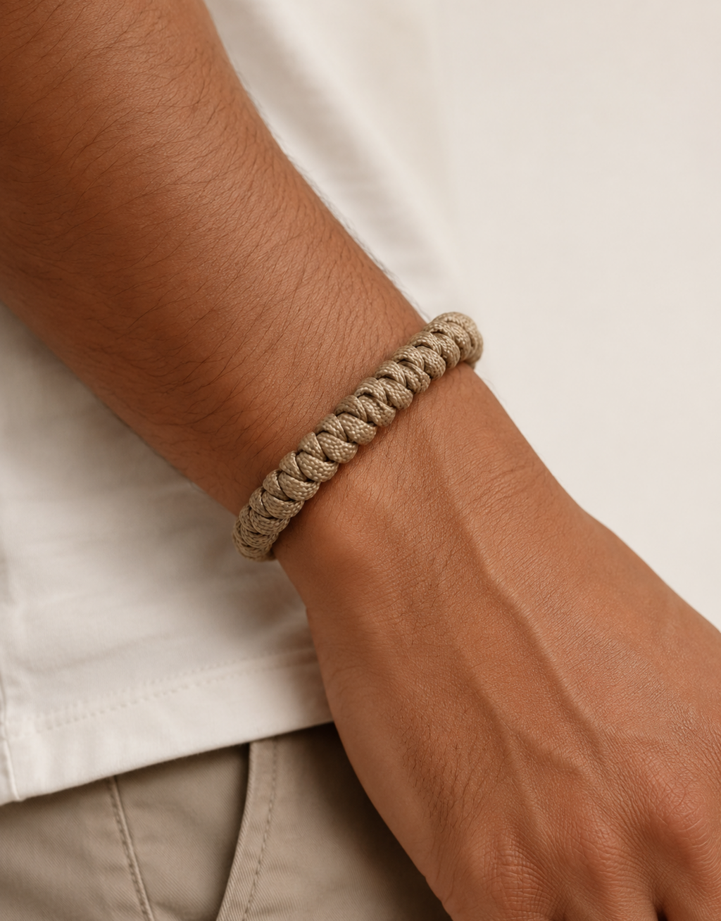 Man wearing the Raml sand paracord bracelet on his wrist