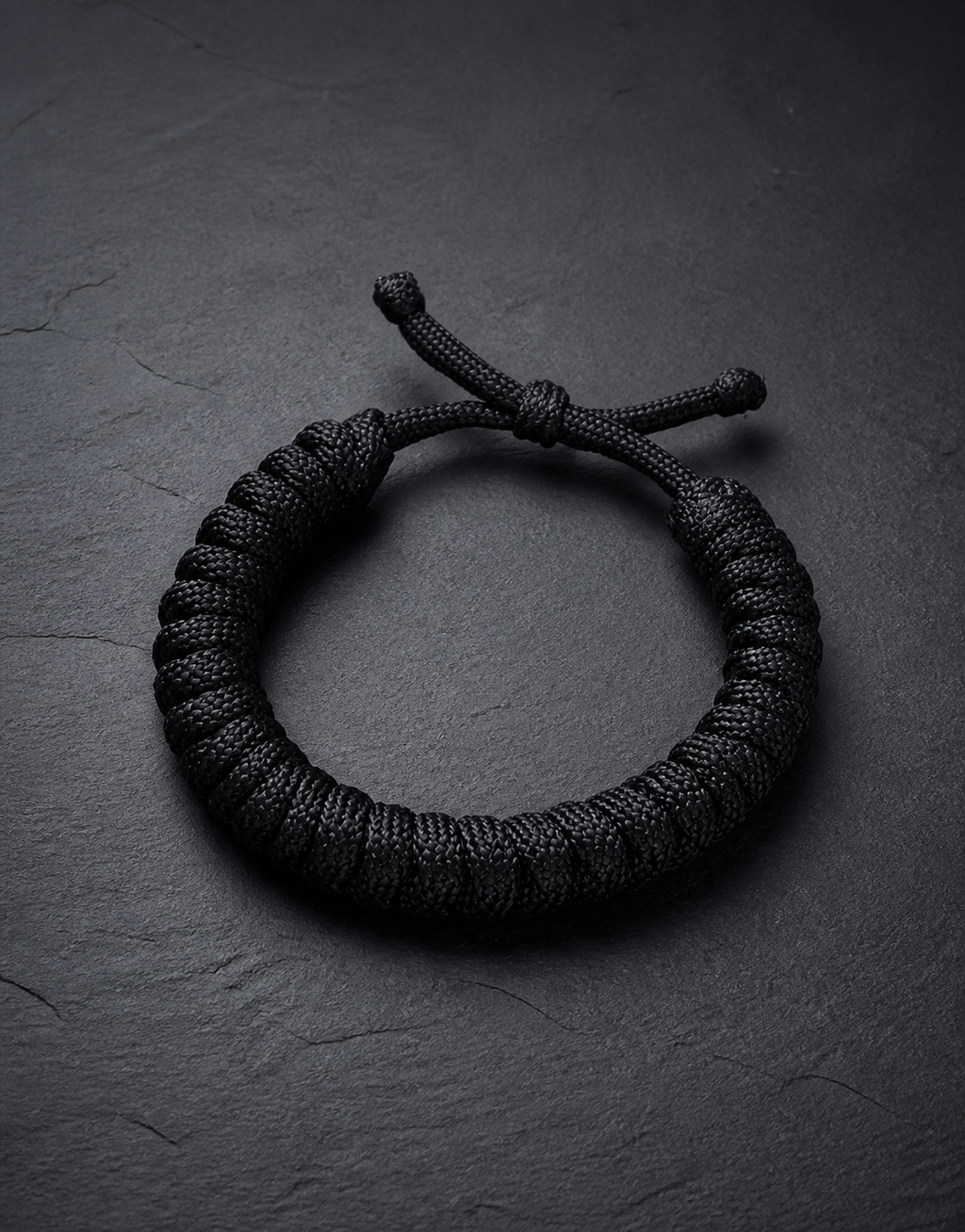 Su'ban black paracord bracelet on dark slate
