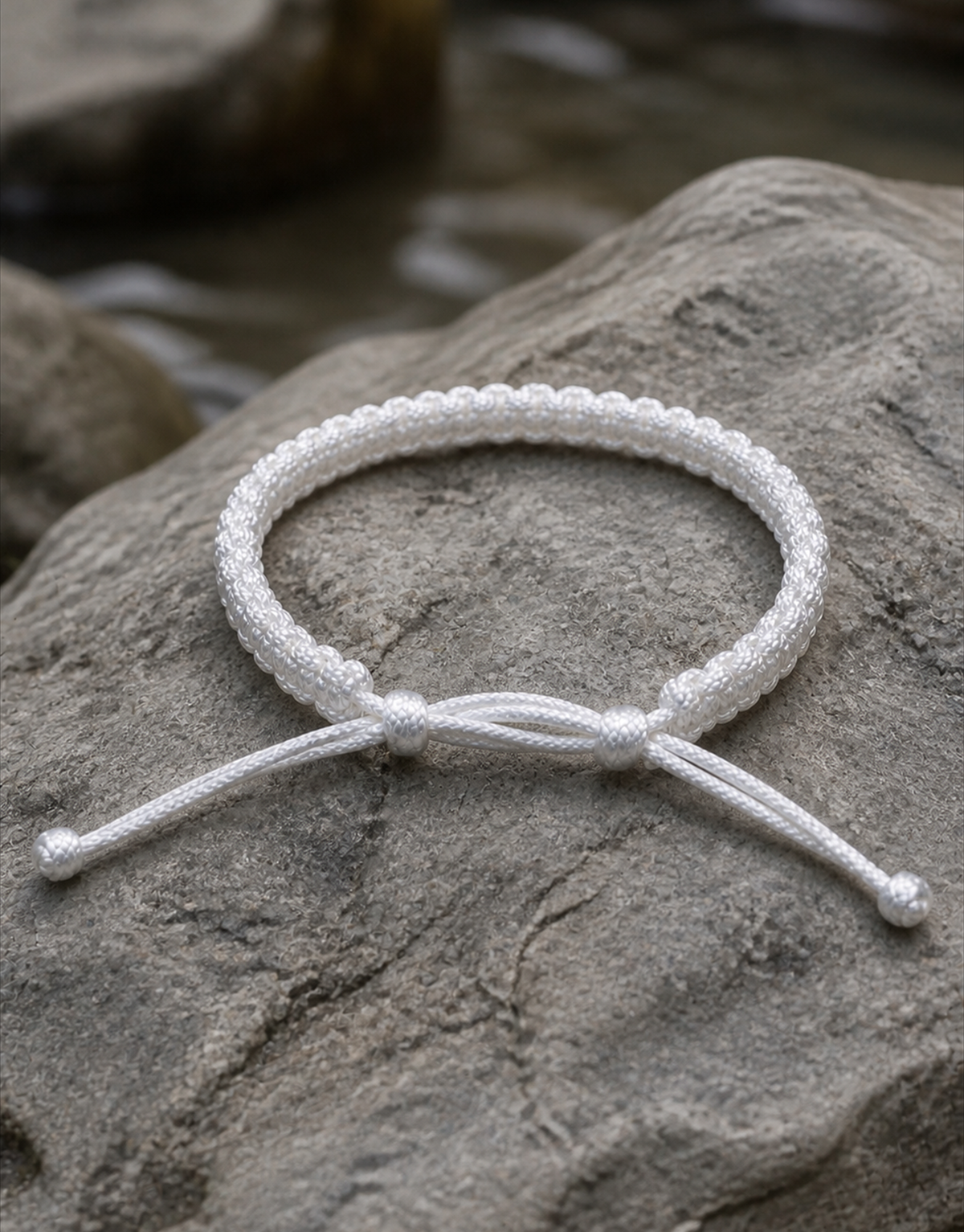 Durr white macrame bracelet on a rock by water