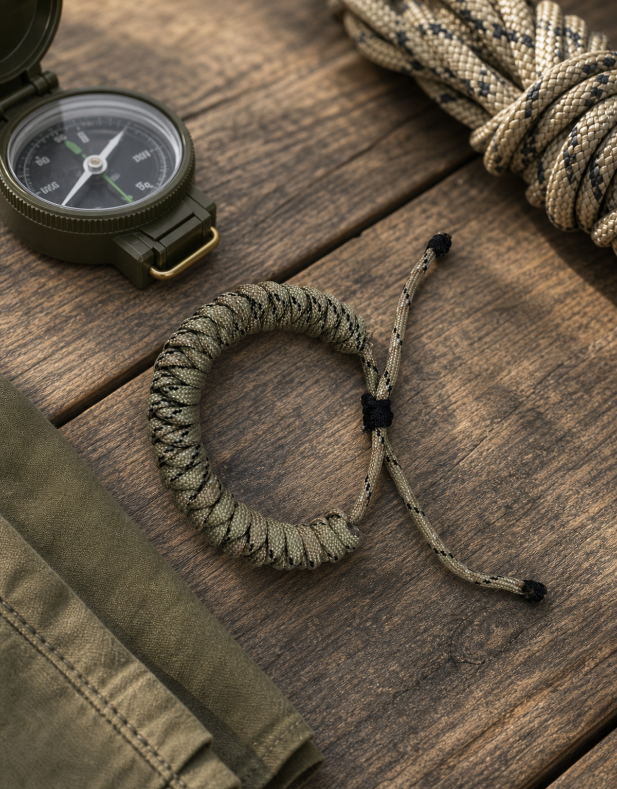 Ramad paracord bracelet with a compass on an outdoor wood table