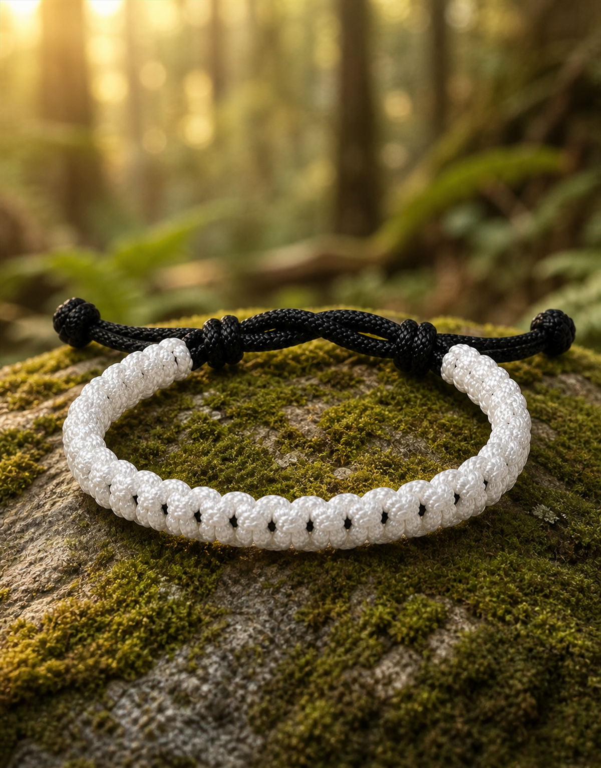 Qamar macrame bracelet on a mossy rock in a forest