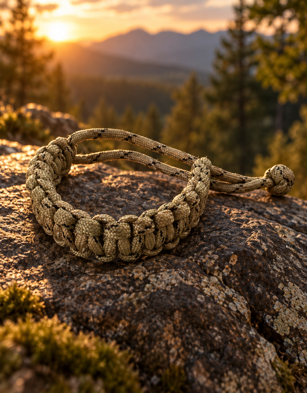Ghubar camo paracord bracelet on a rock at sunset