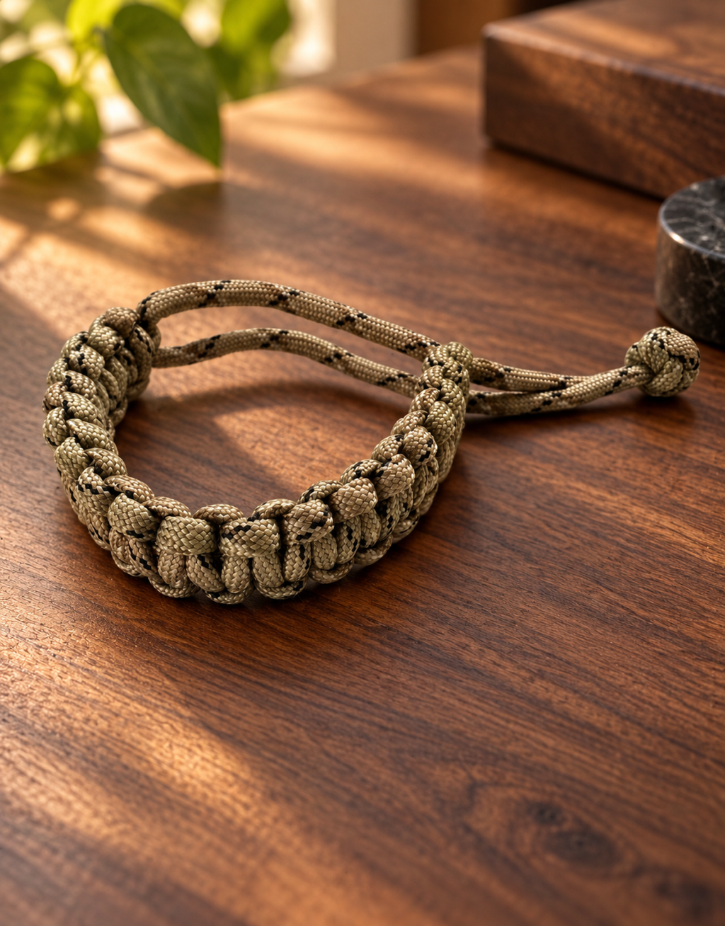 Ghubar desert camo paracord bracelet on a wooden desk