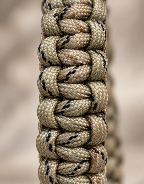 Macro of the desert camo cobra weave on the Ghubar paracord bracelet