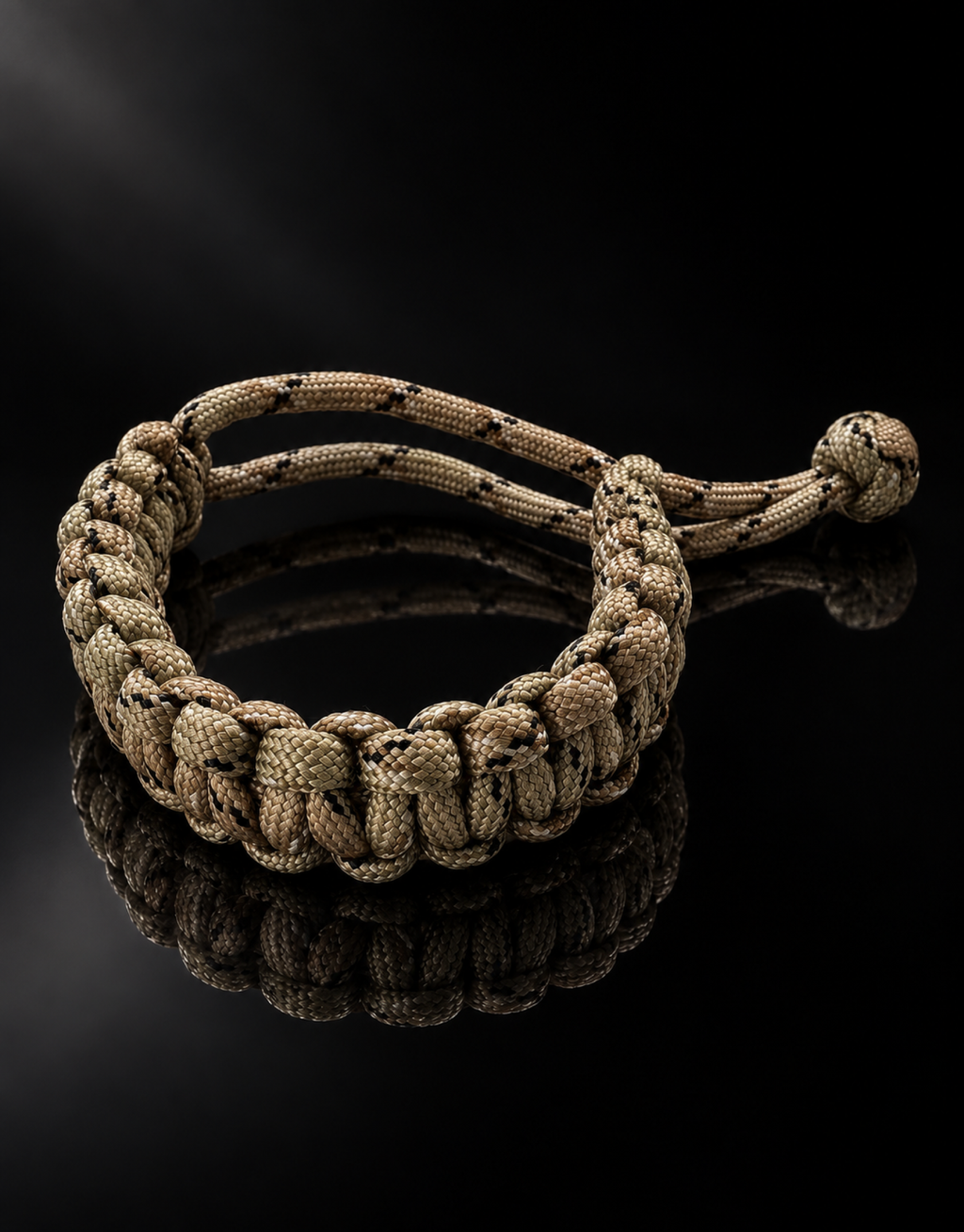 Ghubar camo paracord bracelet on a black reflective surface