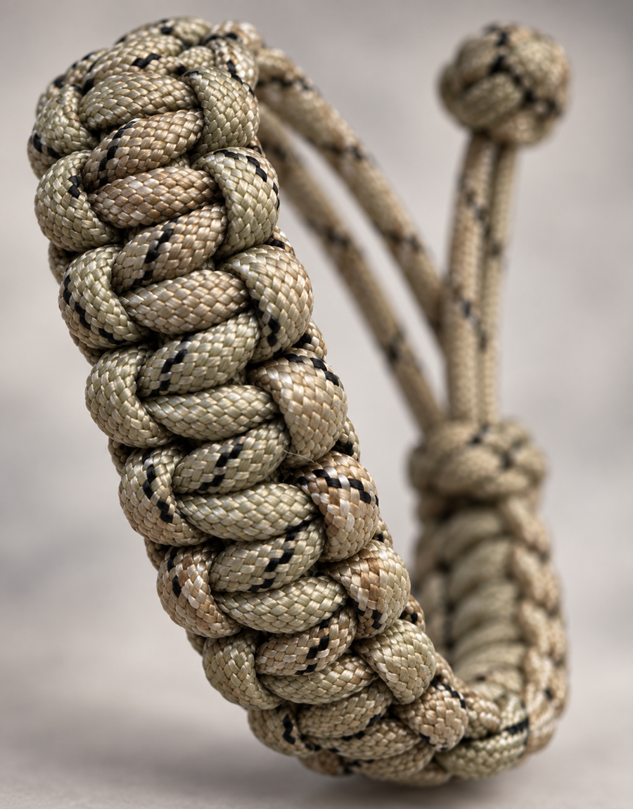 Close-up of the Ghubar camo paracord bracelet weave