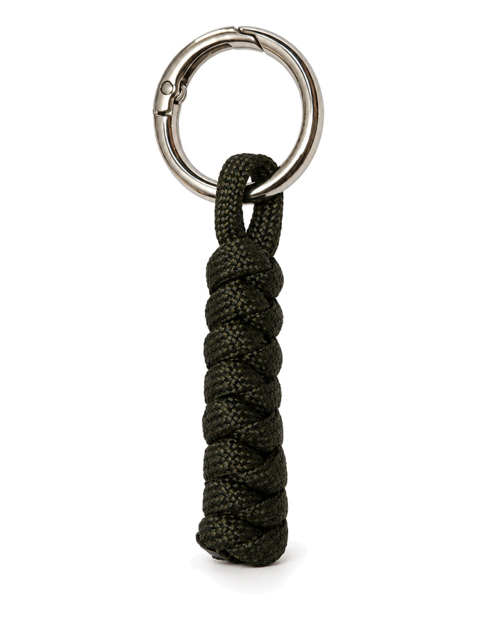 Lahar dark green spiral paracord keychain with steel ring, handmade by Giraa, Pakistan