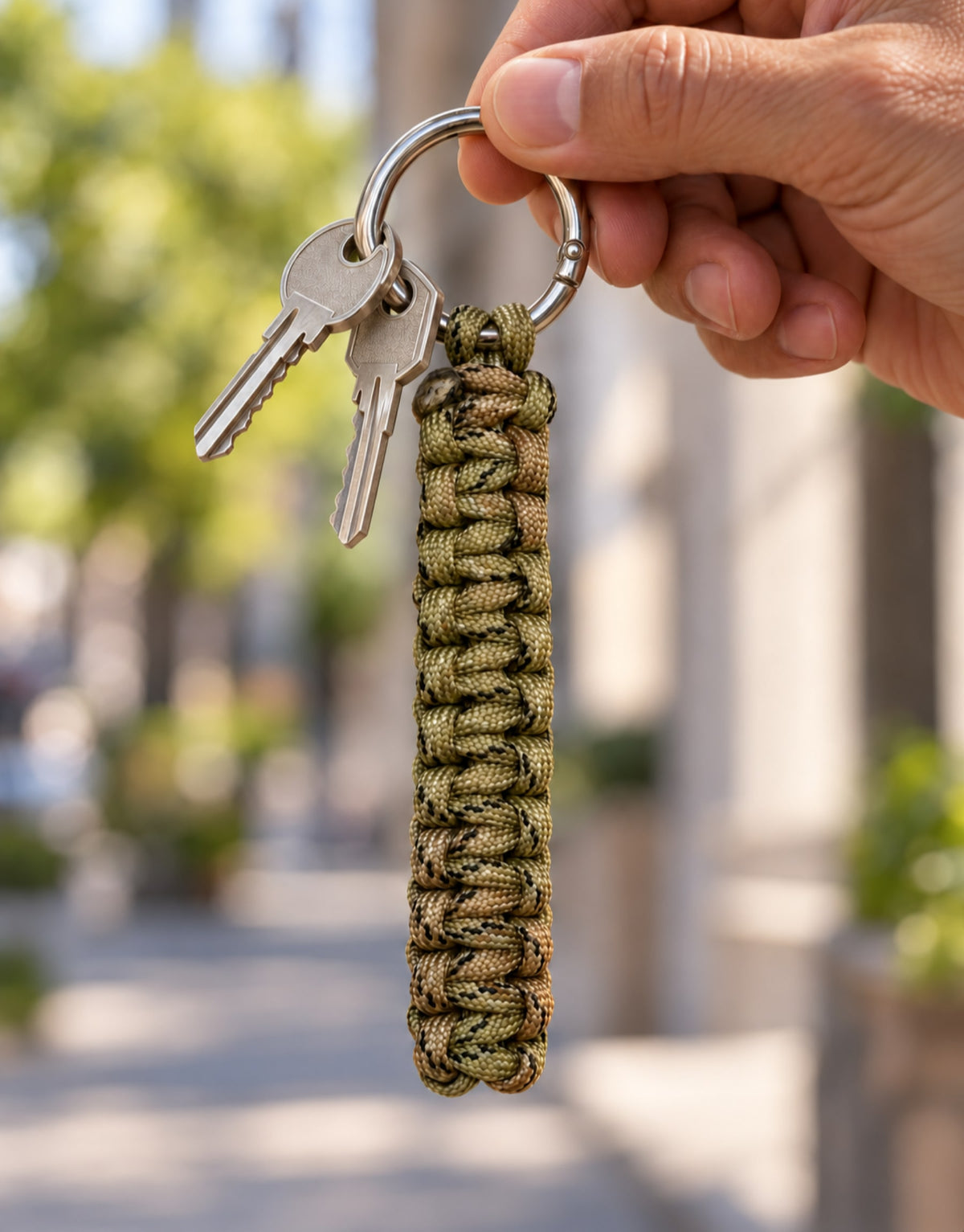 Hand holding the Naag camo cobra paracord keychain with keys